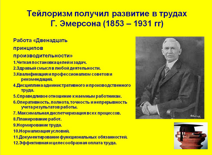 Тейлоризм. Тейлоризм в менеджменте. Основные положения тейлоризма. Исследования г Эмерсона.