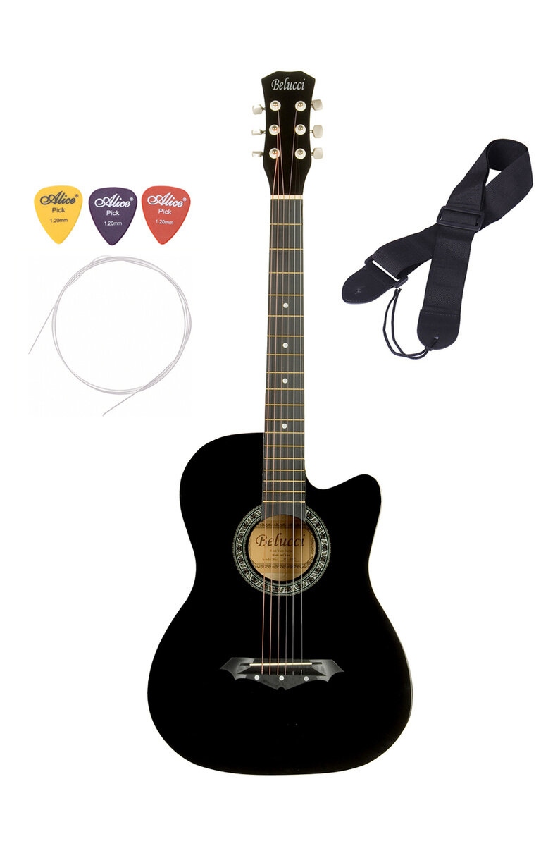 Дешевая акустическая гитара Belucci. Внешне выглядит неплохо, но на деле очень неудобная и некачественная. Стоимость около 3500 - 4000