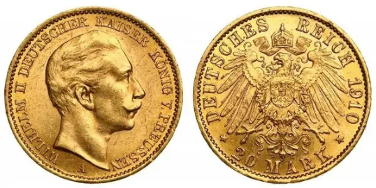 20 марок 1910 год. Золото. Фото из открытых источников.