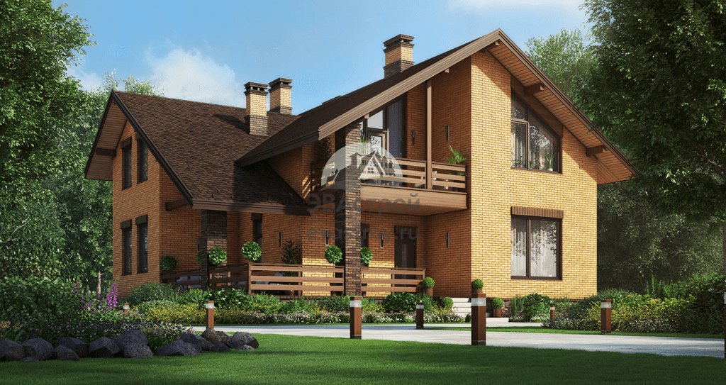 Проект двухэтажного дома 385 м2 с цокольным этажом, балконом и террасой - 101-49