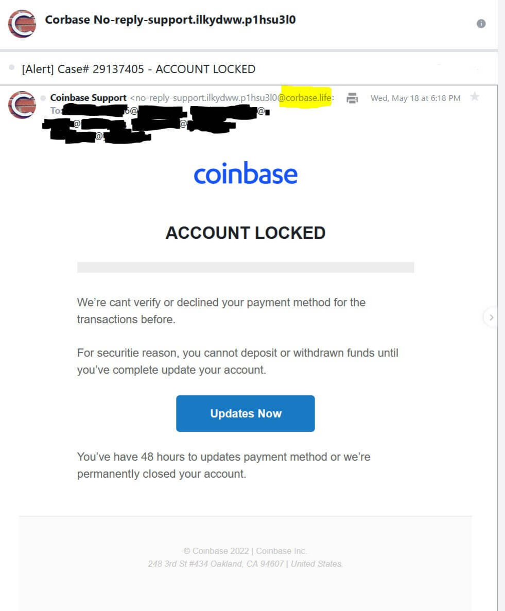 Сообщение мошенников о якобы блокировке учётной записи на криптобирже Coinbase