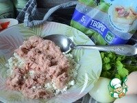     В салатник выложить творог, тунец отцедить от жидкости, но жидкость не выливать. Добавить рыбу к творогу.
