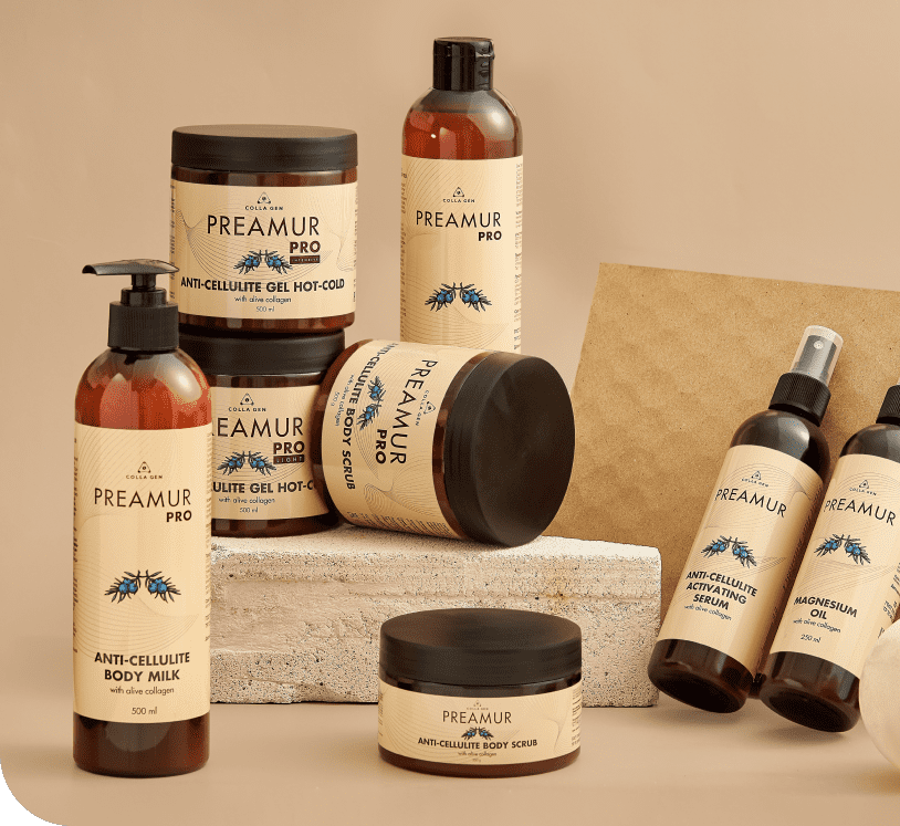 Линейка косметической продукции PREAMUR от компании Первый Живой Коллаген для профессионального (PREAMUR PRO) и домашнего (PREAMUR) использования.