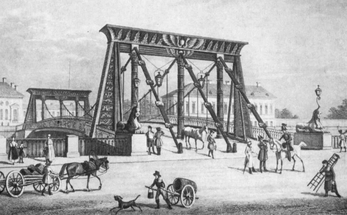 Египетский мост (Второй цепной мост). Литография, 1826 год. Изображение из открытых источников