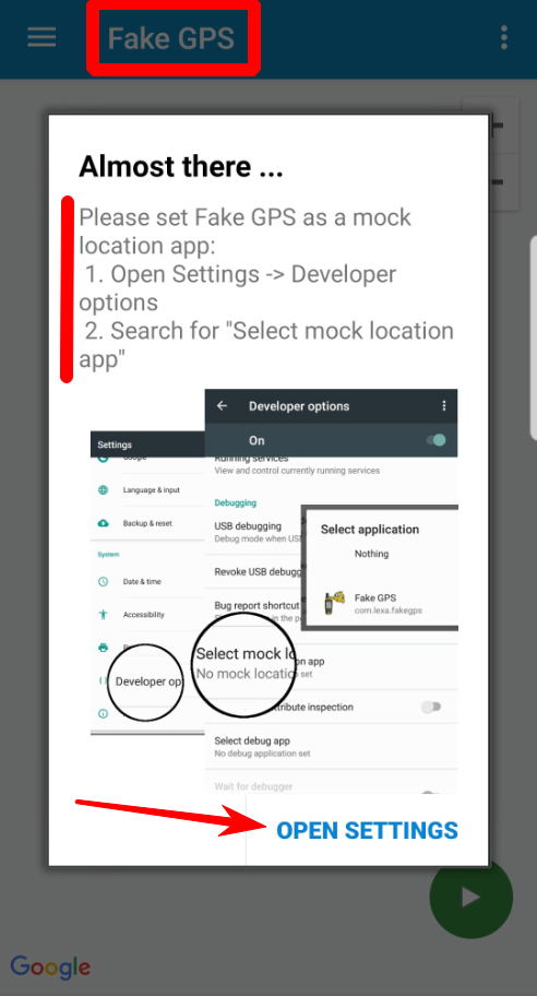 Запуск FakeGPS и активация его в настройках смартфона