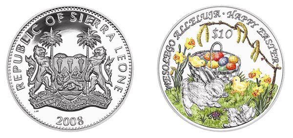 Монета номиналом в 10$. 2008 год. Сьерра - Леоне. Фото из открытых источников.