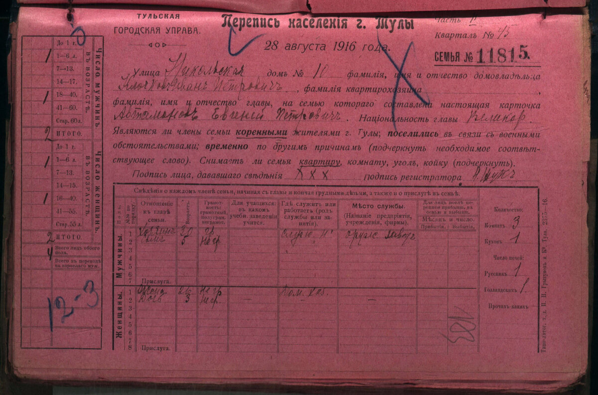 Карточка переписи 1916 года. Семья Автомонова Е.П.