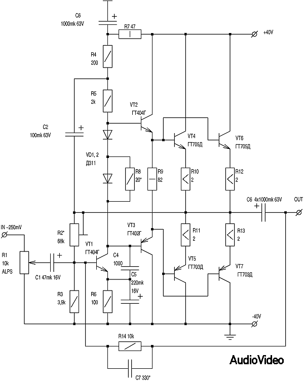 Сопротивления: R1, 10k, переменное, ALPS тип A // R2, 68k, подстроечное, CП4-1 // R3, 3k9, 1/4 w, ВС или С1-4 // R4, 200, 1/4 w, ВС или С1-4 // R5, 2k, 1/4 w, ВС или С1-4 // R6, 100, 1/4 w, ВС или С1-4 // R7, 47, 1 w, ВС или С1-4 // R8, 20, 1/4 w, ВС или С1-4, подбирается при настройке // R9, 82, 1 w, ВС или С1-4 // R10— R13, 2, 5 w, проволочные, С5 — 16МВ // R14, 10k, 1/4 w, ВС, С1-4 
Конденсаторы: С1, 47 мкФ х 16 В, К50-29 или Philips // С2, 100 мкФ х 63 В, К50-29 или Philips // С3, 1000 мкФ х 63 В, К50-29 или Philips // С4, 1000 пФ, КСО или СГМ // С5, 220 мкФ х 16 В, К50-29 или Philips // С6, 4 х 1000 мкФ х 63 В, К50-29 или Philips // С7, 330 пФ, КСО или СГМ, подбирается при настройке
Полупроводники: VD1 и VD2 – Д311 // VT1 и VT2 – ГТ404Г // VT3 - ГТ402Г // VT4 и VT6 - ГТ705Д // VT5 и VT7- ГТ703Д