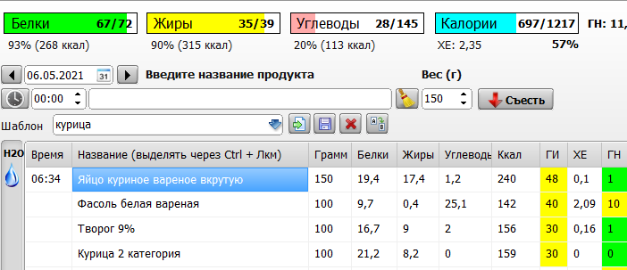 Два яйца, сто грамм курицы, сто грамм творога, и сто гр фасоли обеспечат дневную потребность в белке.