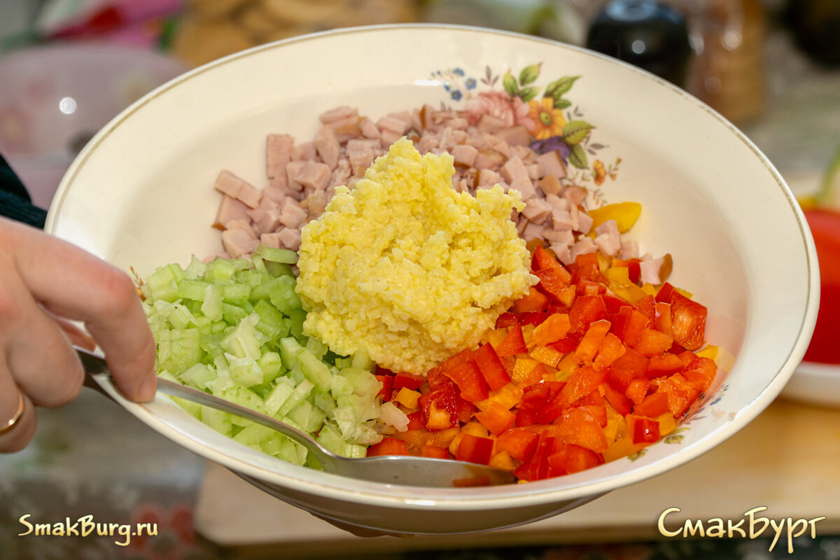 Сытный армейский салат с ветчиной, пшеном и овощами | СмакБург | Дзен