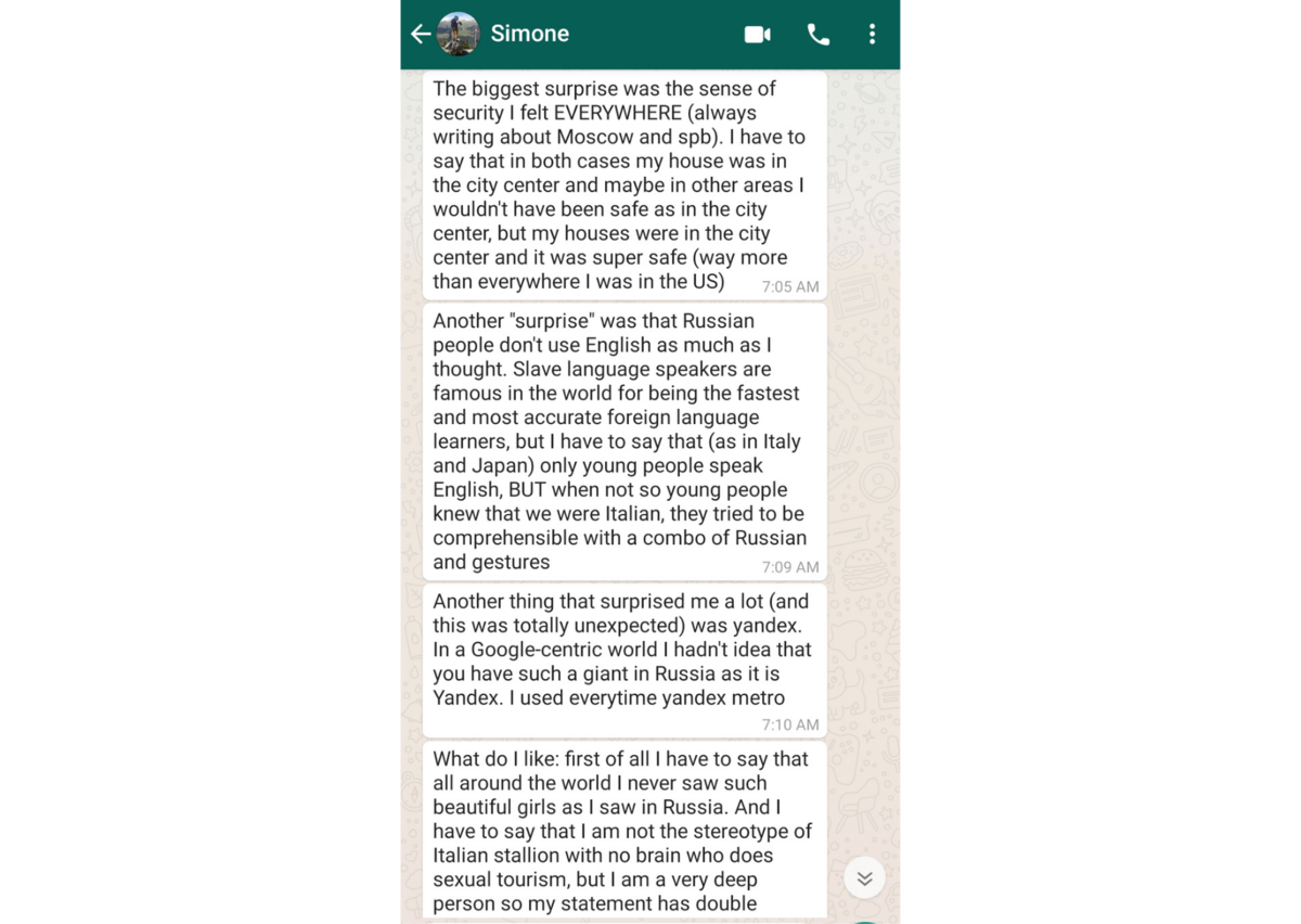 Кусочек нашей переписки с Симоне в Whatsapp.