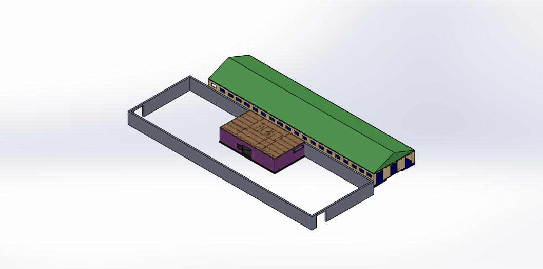 Общий вид проекта. Ферма для содержания коз с отдельным зданием для доильного зала и цеха для переработки.