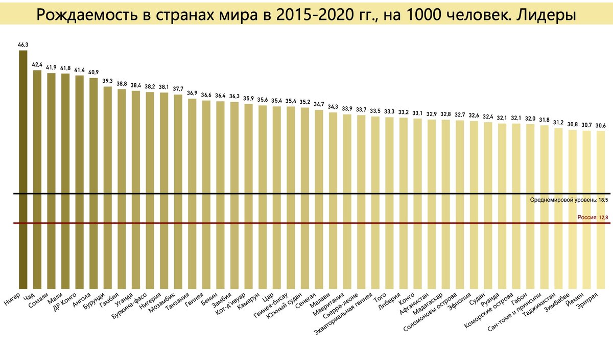 Рождаемость в странах мира в 2015-2020 гг., на 1000 человек. Лидеры. Источник: расчет автора по данным ООН. 
