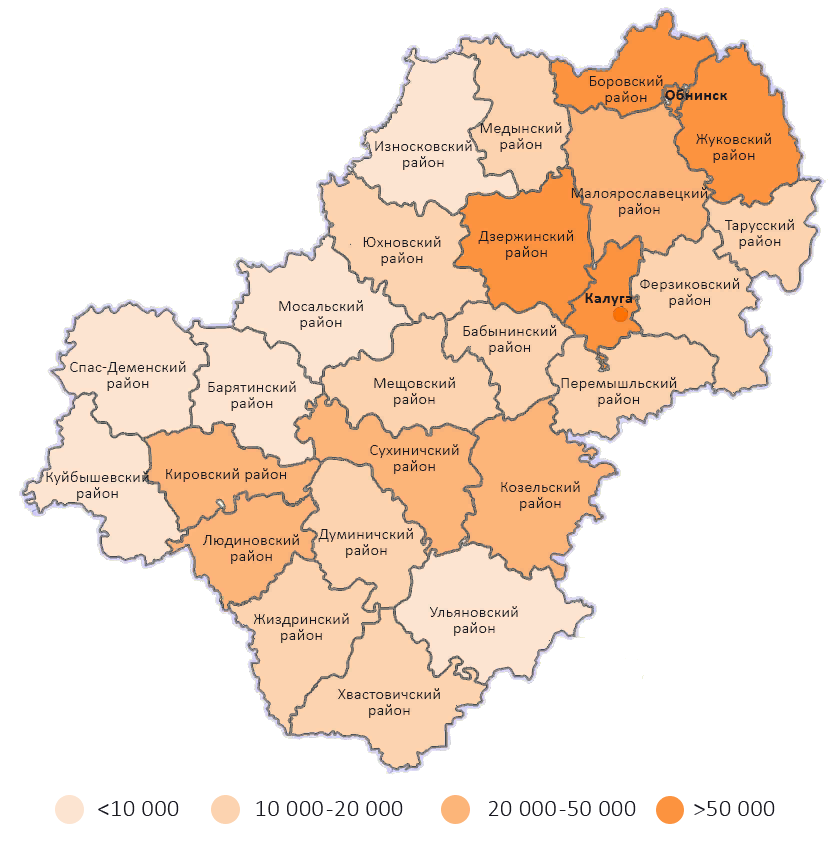 Карта Калужской области с обозначением количеством людей в каждом районе. Немного удивительно, как в довольно населенном Дзержинском районе с 2012 года нет упоминаний о таком проекте.  