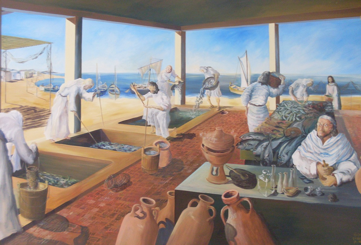 приготовление гарума, современная иллюстрация. Источник: https://commons.wikimedia.org/wiki/Category:Garum#/media/File:Tunisie_N%C3%A9apolis_mus%C3%A9e_8.jpg
