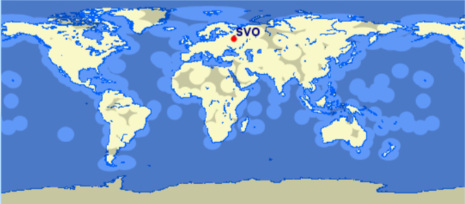 Карта мира ETOPS-60. Через затенённые зоны на двухдвигательных самолётах летать нельзя, поэтому количество возможных маршрутов сильно ограничено.  📷
