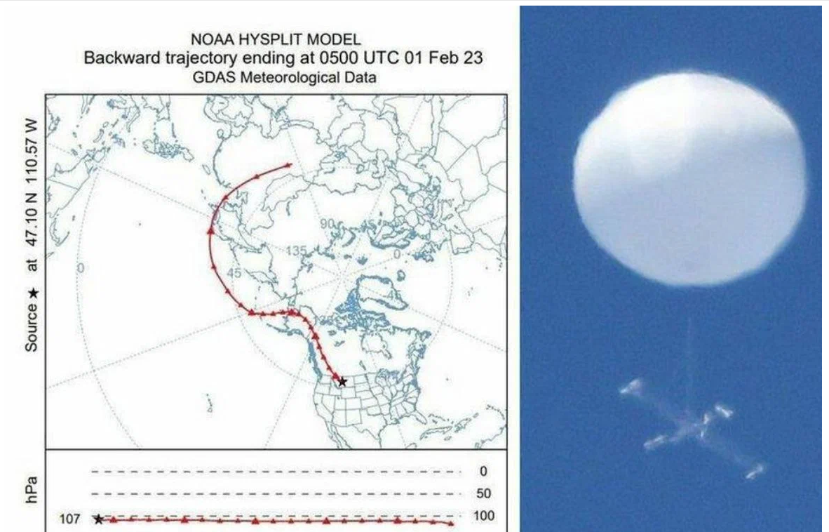 Китайский метеорологический зонд и маршрут его пролёта над США и Канадой.