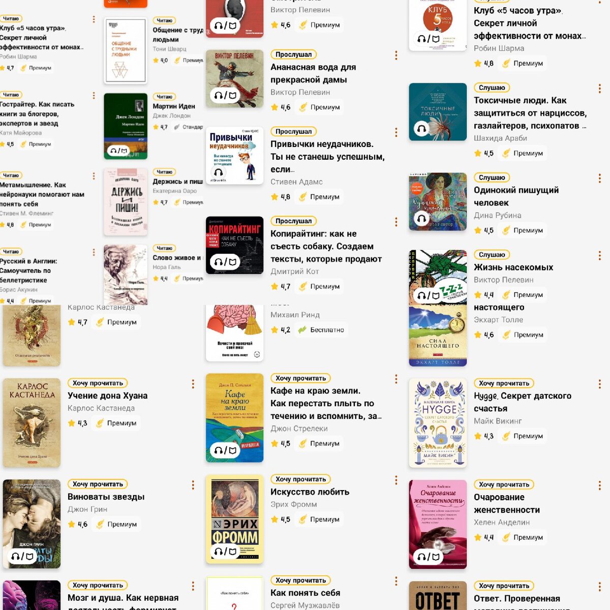 Так выглядят мои списки аудио и текстовых книг в приложении My book. В статусе "Читаю" и "Хочу прочитать", а также "Слушаю" и "Хочу прослушать" - более 30 книг (не все вошли в коллаж), из них половина - начатые... Не горжусь этим нисколько...