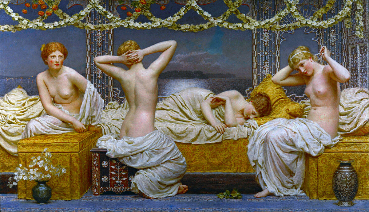 A Summer Night» Albert Joseph Moore  (1841–1893). Галерея искусств Уокера. Картина для иллюстрации: у Марка Антония было пять жен. о первой почти ничего не известно. На картине четыре аристократки.