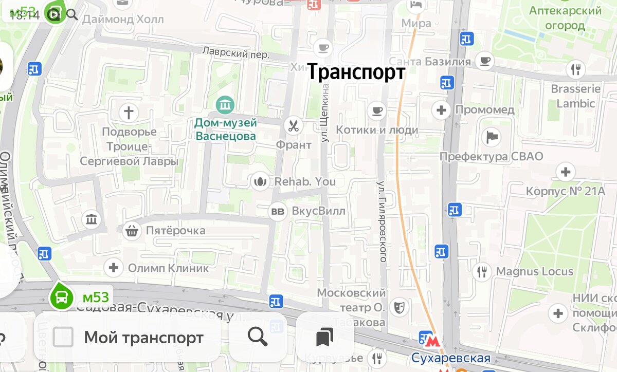 Всë рядом: Дом Васнецова, Аптекарский огород и котокафе. Скриншот с яндекс-карты. 