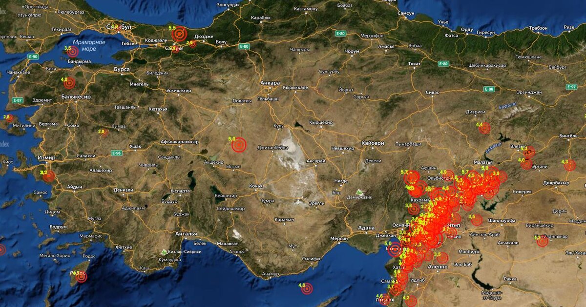 Турция на карте мониторинга землетрясений сервиса IDP