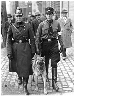 Справа – штурмовик (член СА), патрулирующий улицы Берлина вместе с кадровым полицейским. 1933 г. Фото Bundesarchiv 