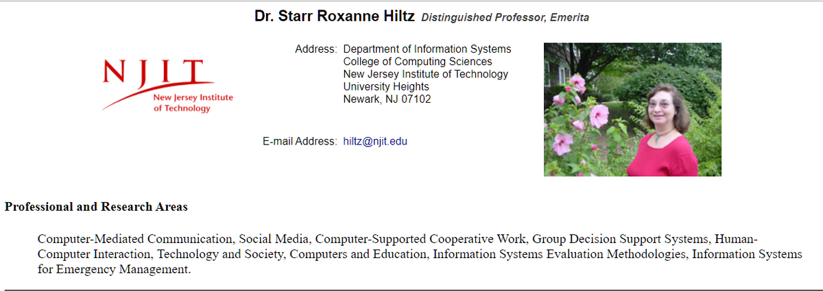 Dr. Starr Roxanne Hiltz  Distinguished Professor, Emerita
