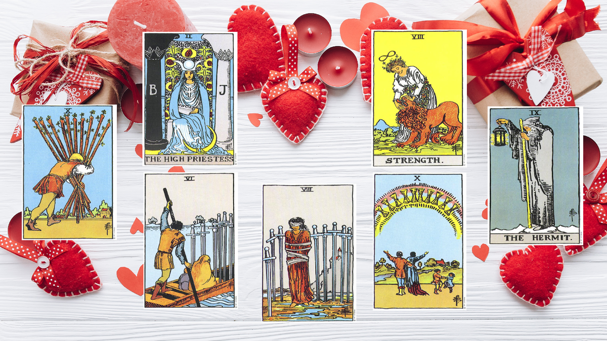 1. 6 Мечей. 2. 10 Жезлов. 3. Жрица. 4. Сила. 5. Отшельник. 6. 10 Кубков. 7. 8 Мечей. 