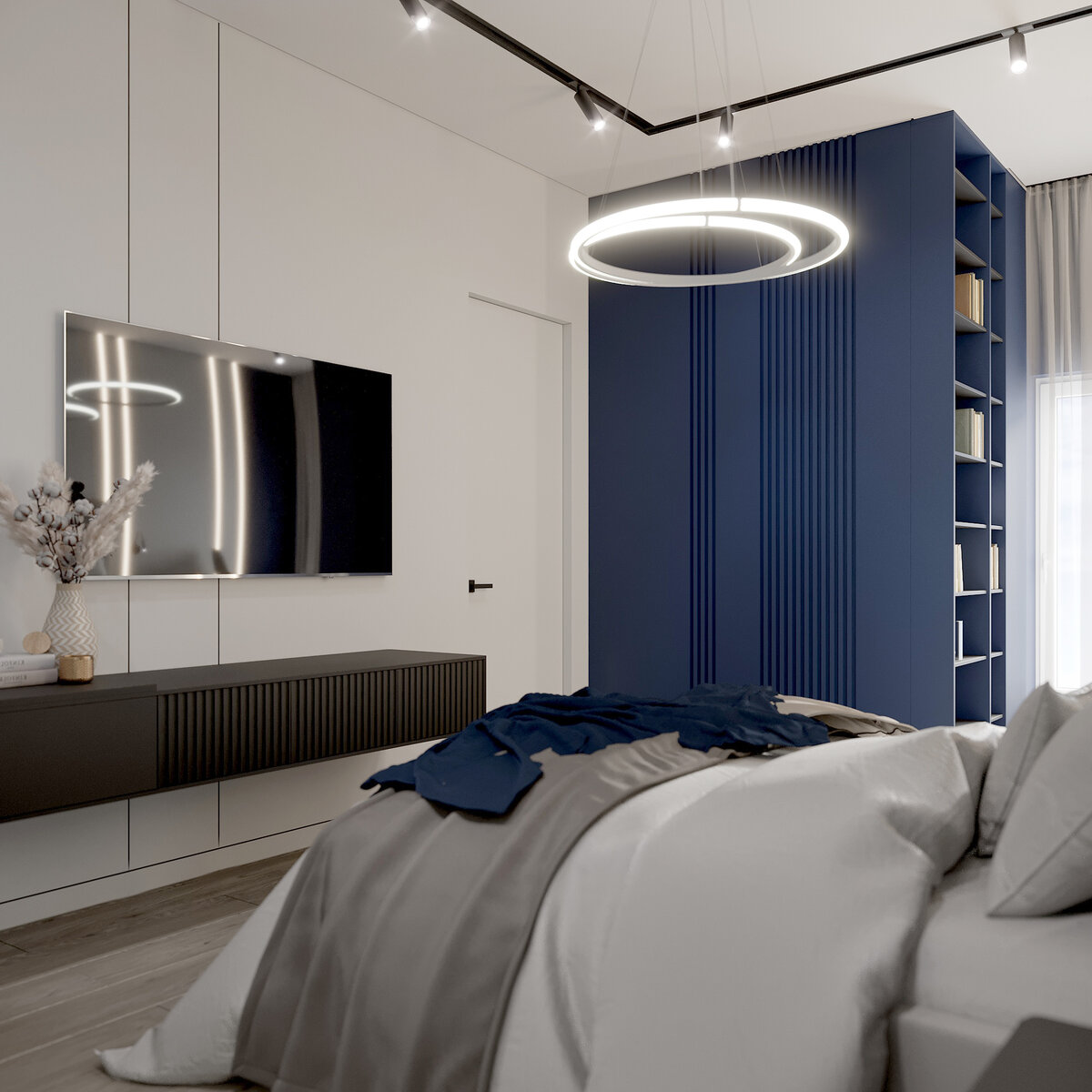 Спальня в синем цвете дизайн с рейками в изголовье