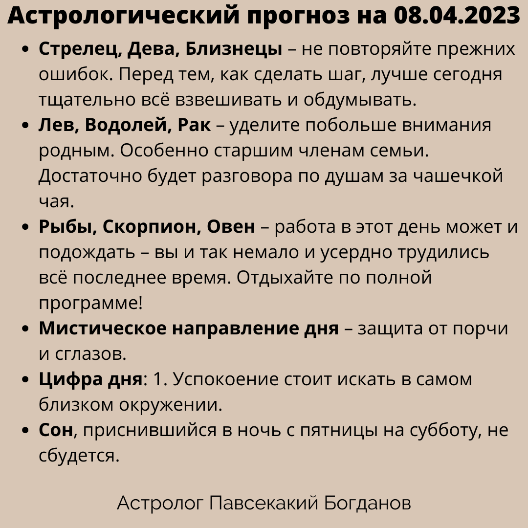 Гороскоп. Астрологический прогноз на субботу 08.04.2023 | БЛОГ АСТРОЛОГА |  Дзен