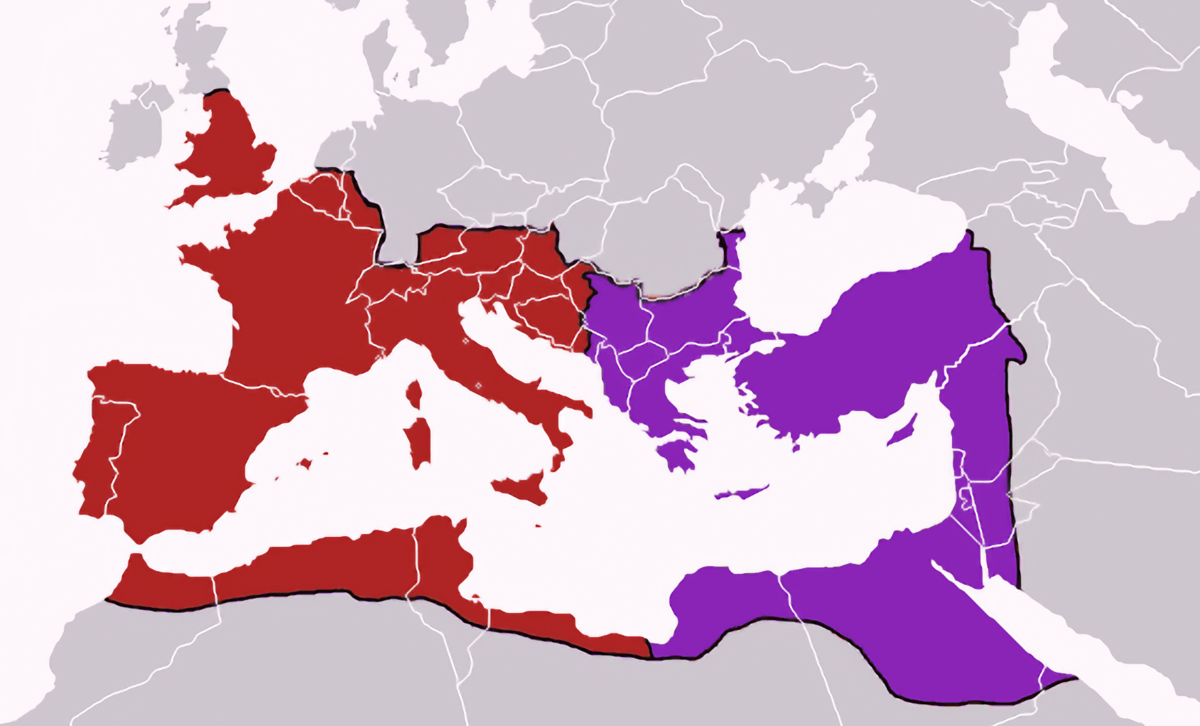 Римская Империя распад карта. Римская Империя 395 год. Разделение римской империи карта. Западная и Восточная Римская Империя на карте.