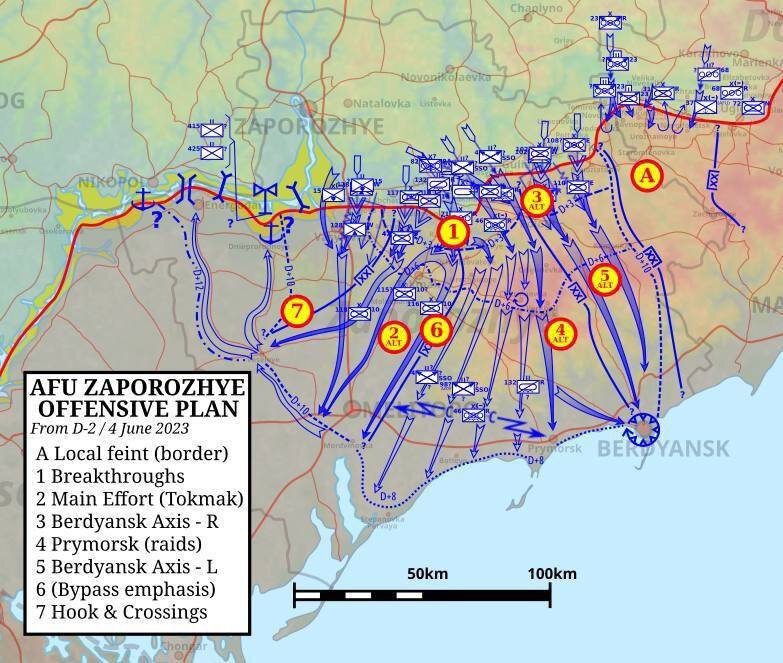 Пентагон слил в СМИ карту наступления. Вы видите, что за кратчайшее время неонацисты должны прорваться к Азовскому морю, захватить Бердянск и Мелитополь, перерезать сухопутный путь в Крым и выставить России самые жёсткие условия на переговорах о мире на условиях Вашингтона. 