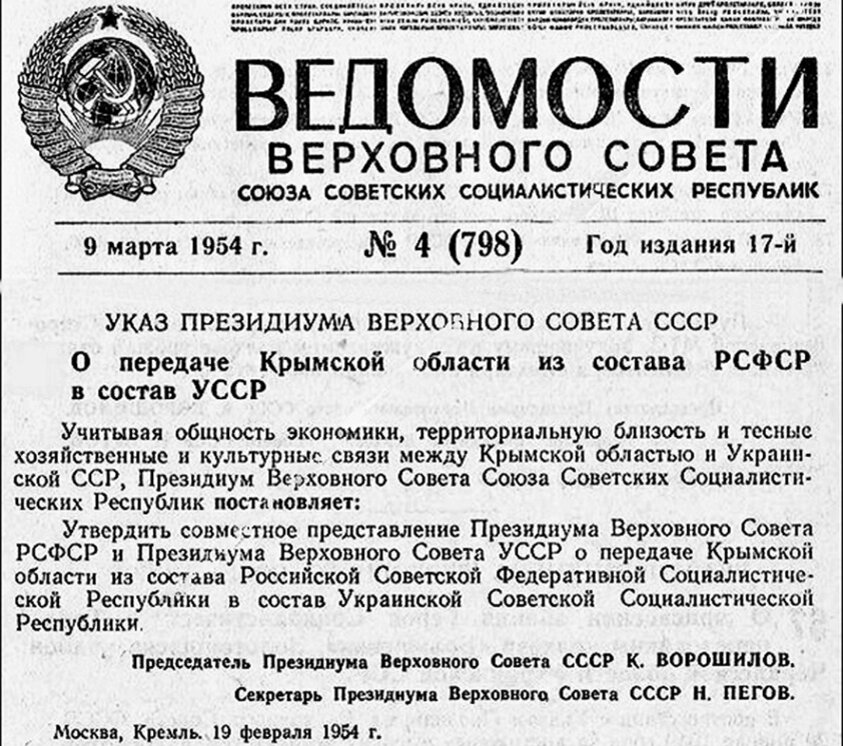 Указ Президиума ВС СССР о передаче Крымской области из состава РСФСР в состав УССР