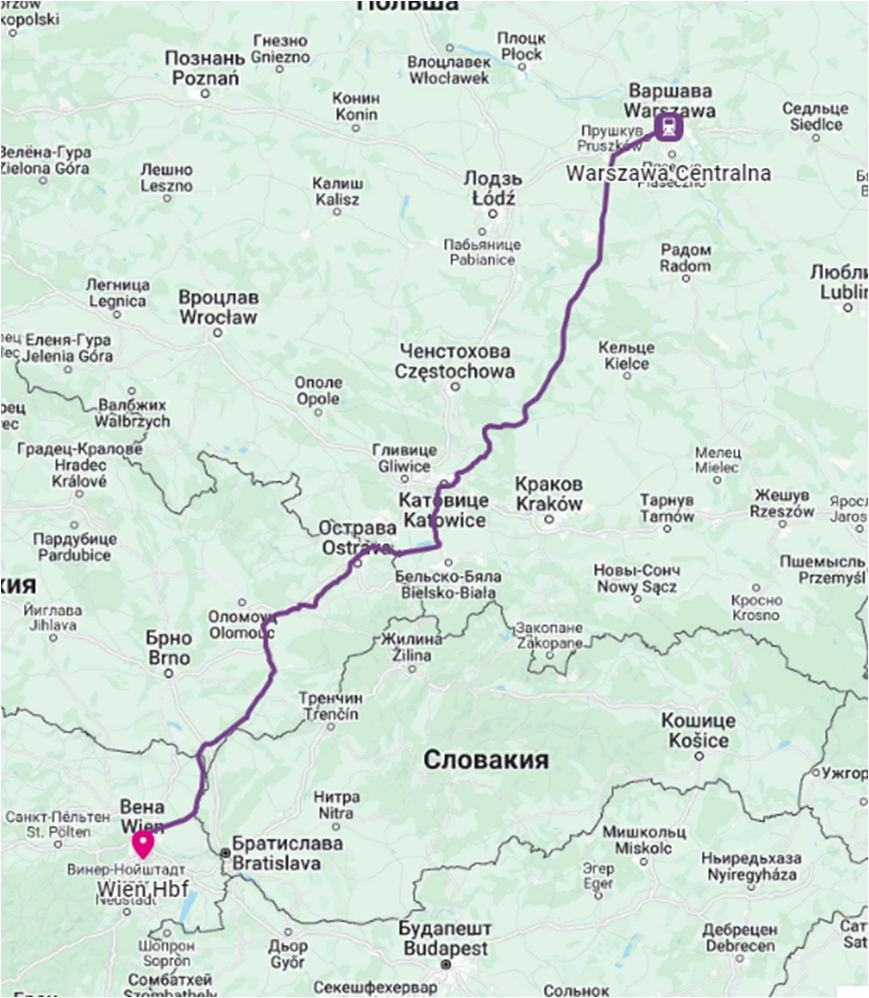 Варшава - Вена на поезде. Карты с источника https://www.rome2rio.com/ru/map/Варшава/Вена#r/Train/s/0