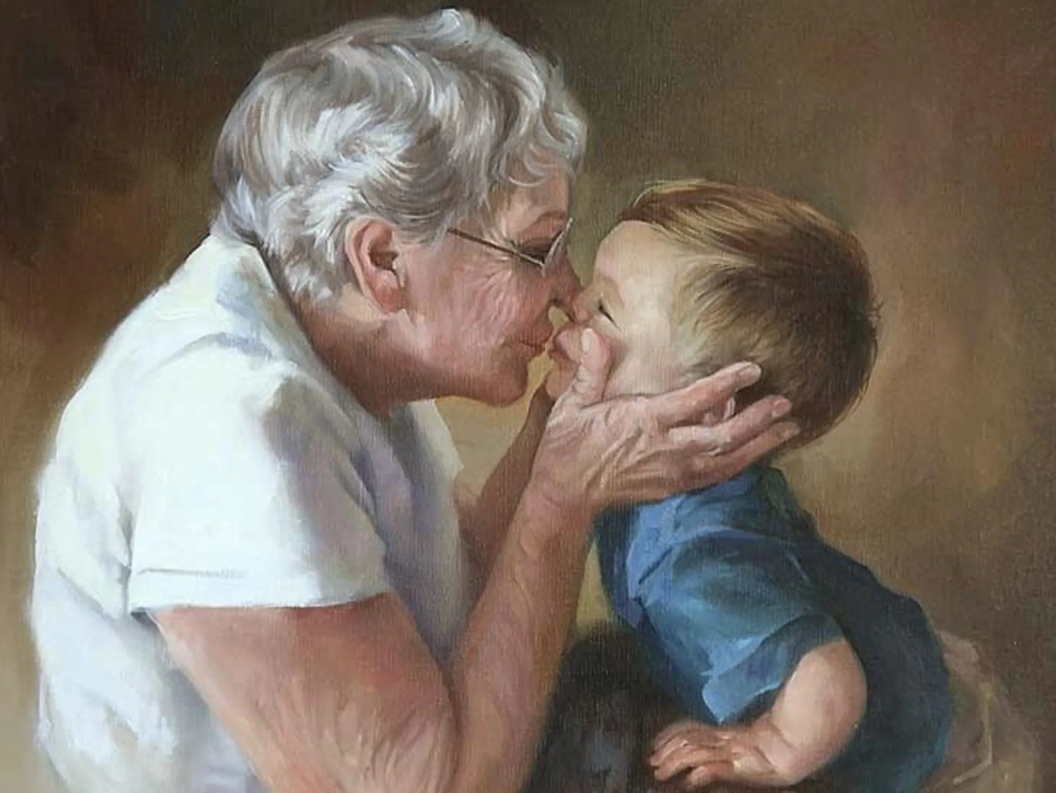 Поцелую дедушку. Бабушка и внуки. Бабушка обнимает внука. Бабушка с внуками живопись. Бабушка и внук живопись.