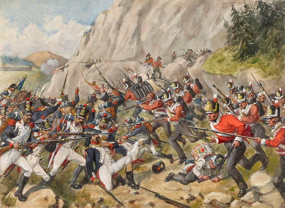 Битва при Бусако (27 сентября 1810 г.) произошла между французской армией и англо-португальскими войсками во время войны на полуострове (1807–1814 гг.). Акварель Ричарда Симкина, ок. 1900 г.