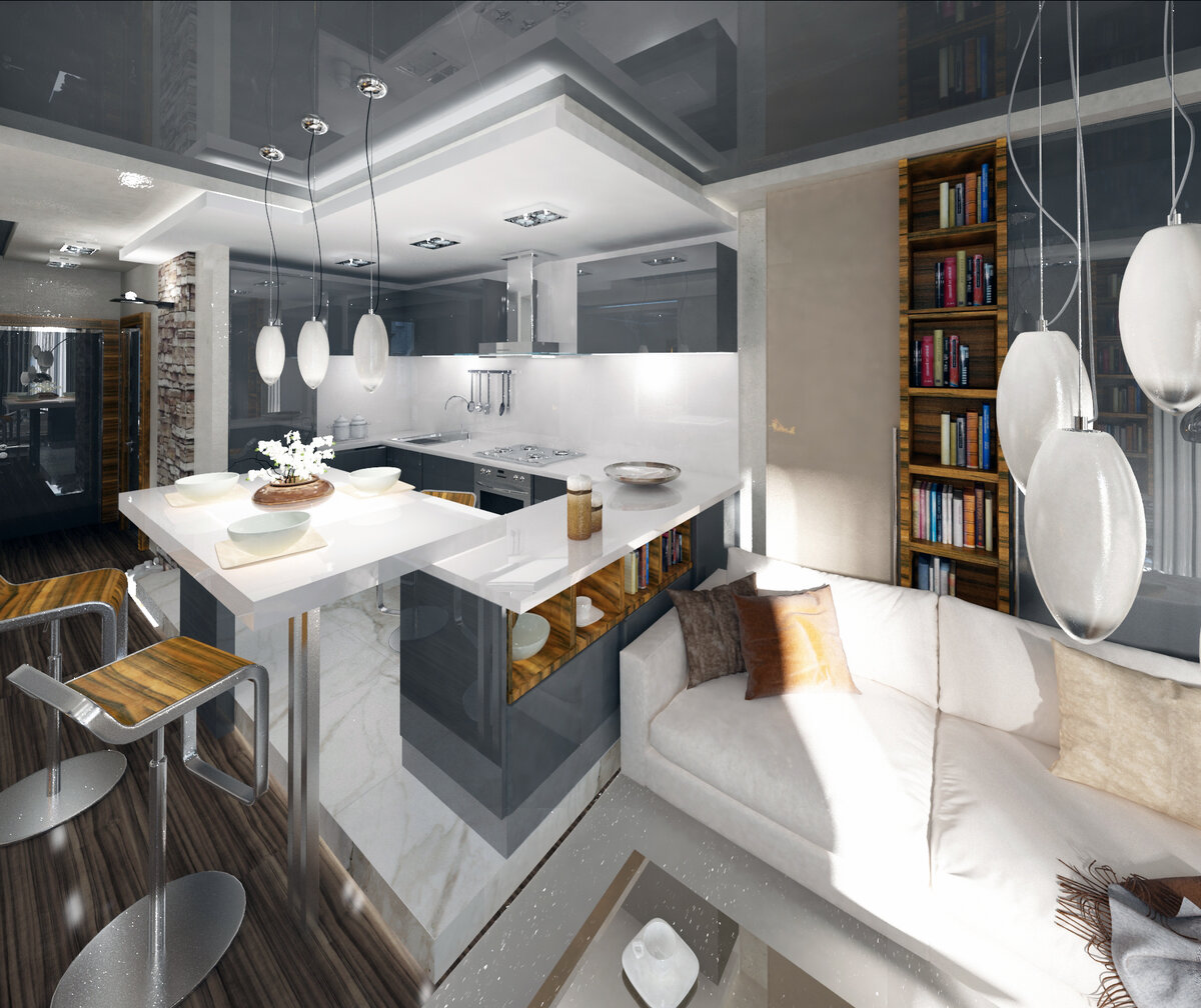 объединение зоны кухни и гостиной при помощи мебели, материалов, стиля, цветовой гаммы
