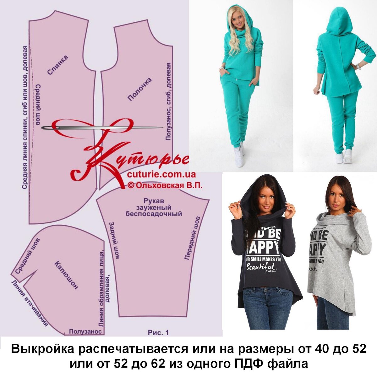 Рисунок лекал для толстовки с перепадом и капюшоном