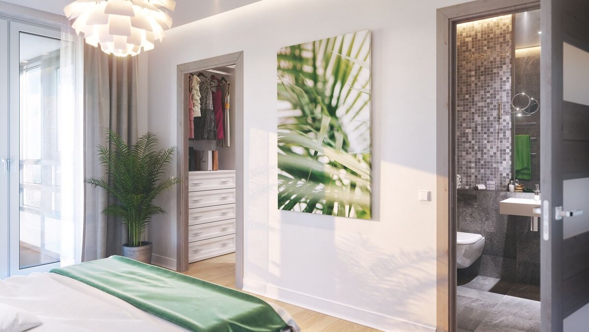 Мастер-спальня с отдельным санузлом и гардеробной.Для каждого типа семьи были выделены индивидуальные требования к функционалу квартиры.  LEGENDA Комендантского. Обои, ламинат 32 класса.