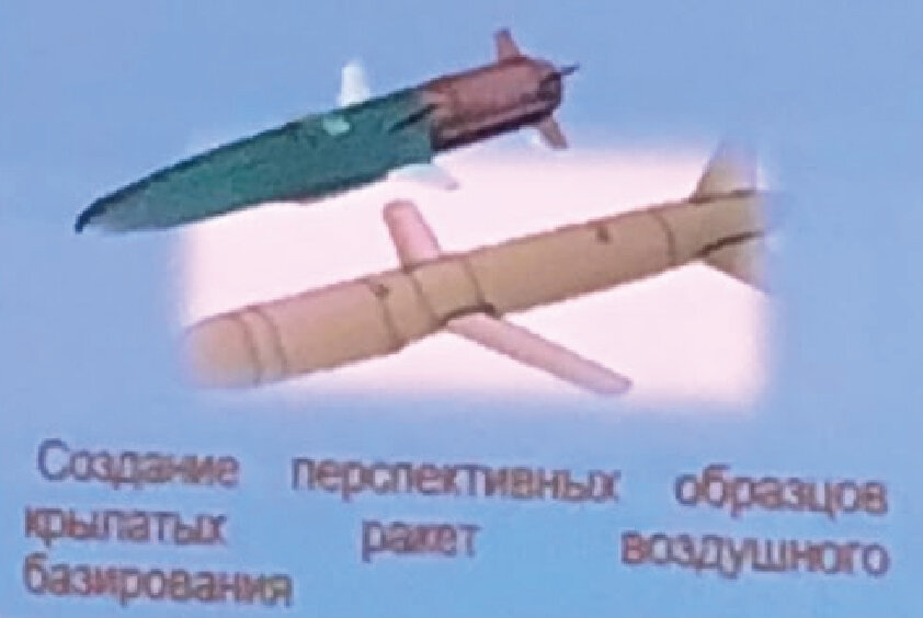 Кадр информационного стенда-презентации с предположительным обликом новой гиперзвуковой крылатой ракеты воздушного базирования(слева)