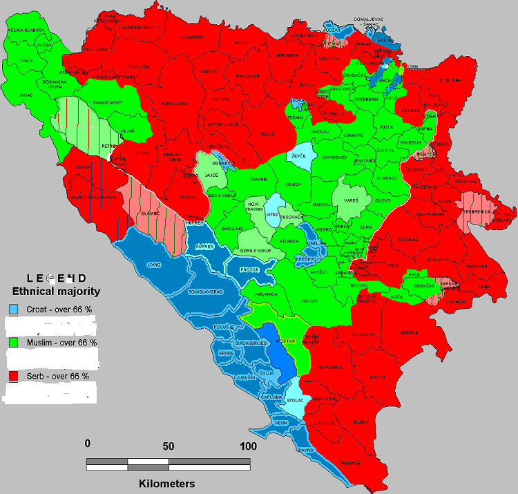 Актуальная картина этнической составляющей Боснии и Герцеговины. Зелёным - мусульмане, голубым - хорваты, красным - сербы. Источник фото: форум historum.com Важно: вот этот мусульманский коридор на Востоке очень близко подходит к мусульманскому Санджаку в Сербии и Черногории.