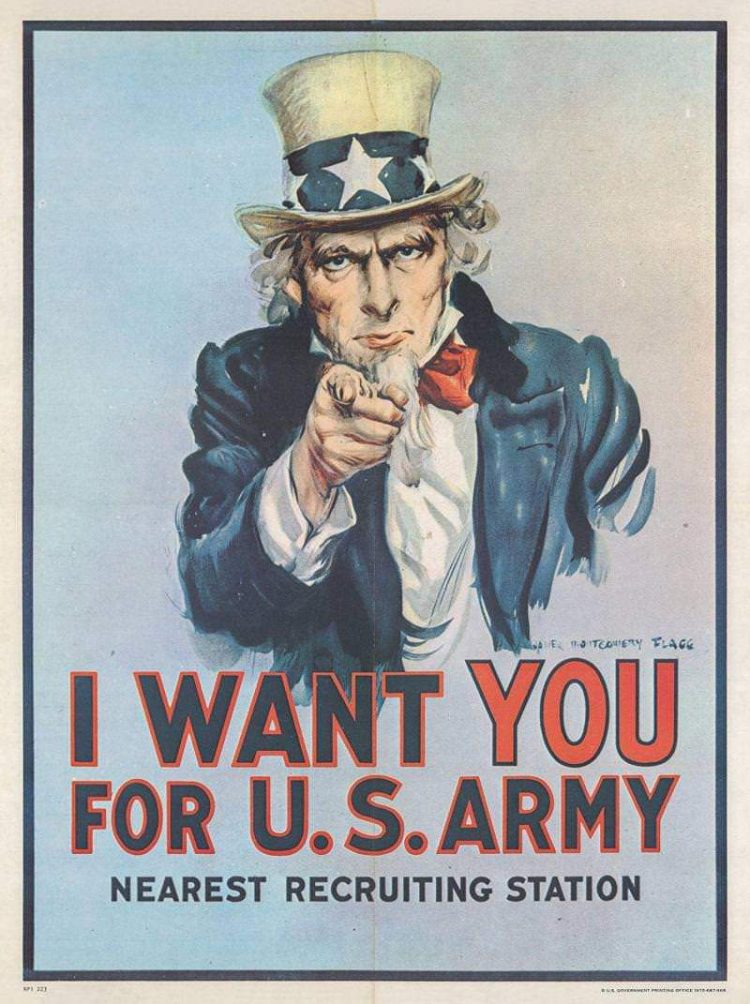 Uncle Sam Джеймса Флэгга. Агитация 1917-го. Картинка взята из открытых источников