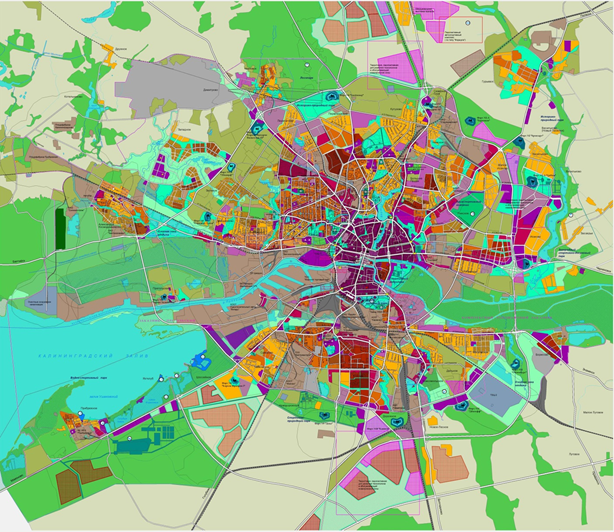Карта Функционального зонирования городского округа Калининград, разработанная в 2007 году питерской Фирмой ЭНКО. Сегодня утвержден следующий генеральный план города