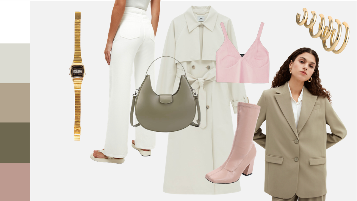 Сочетание розового и хаки можно встретить нечасто, но оно прекрасно! Добавляем светлые брюки с тренчем, и получаем очень свежий многослойный образ. Ботильоны можно заменить на кроссовки, образ от этого не пострадает!