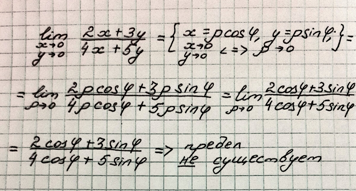 Переходим к полярной системе координат и убеждаемся, что предел не существует