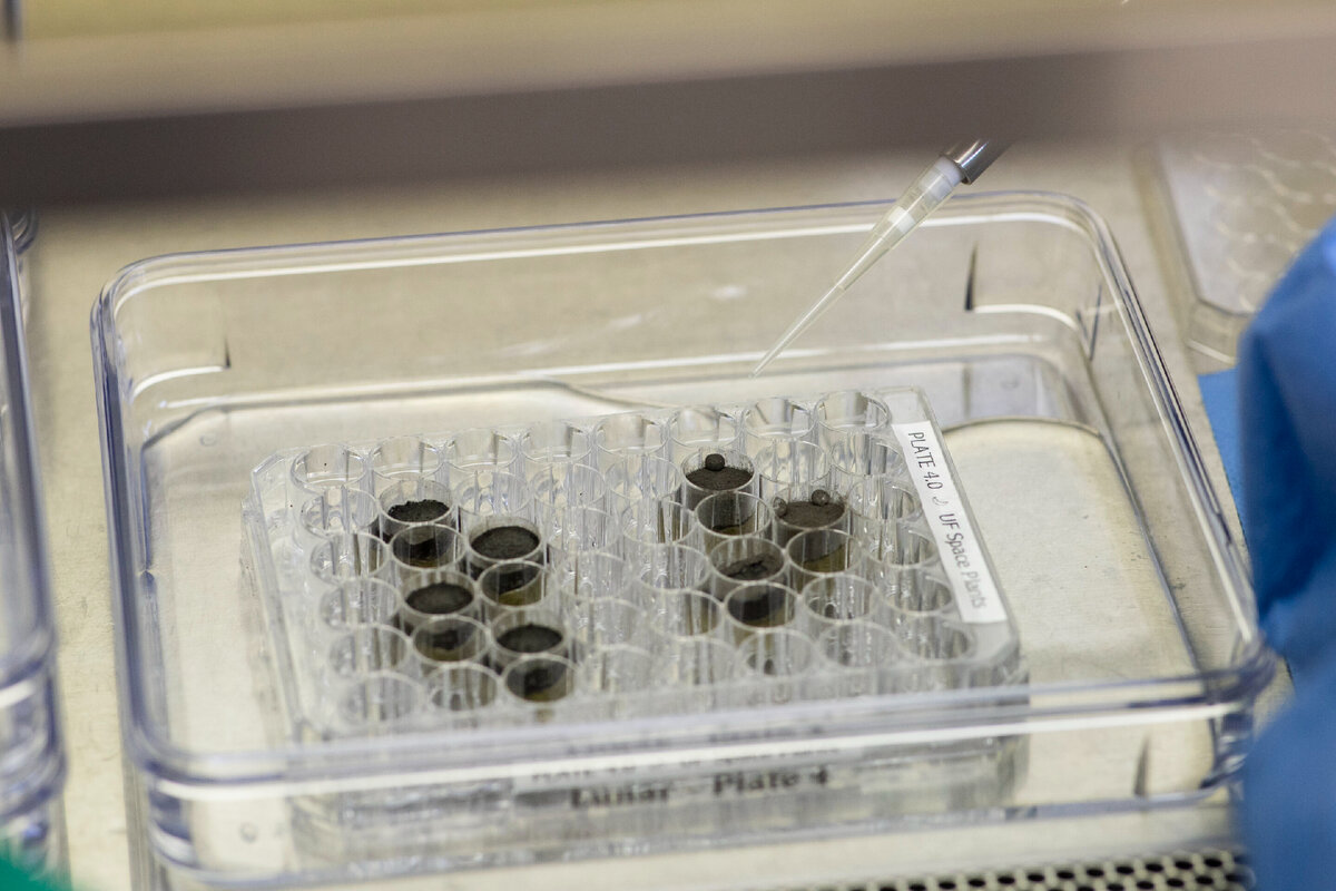 Исследователь увлажняет лунный грунт пипеткой. Учёные обнаружили, что грунт отталкивает воду (является гидрофобным), в результате чего вода собиралась на поверхности. Для нарушения гидрофобности и равномерного увлажнения почвы требовалось активное перемешивание материала с водой. После увлажнения лунные почвы могут быть увлажнены капиллярным действием для выращивания растений 
