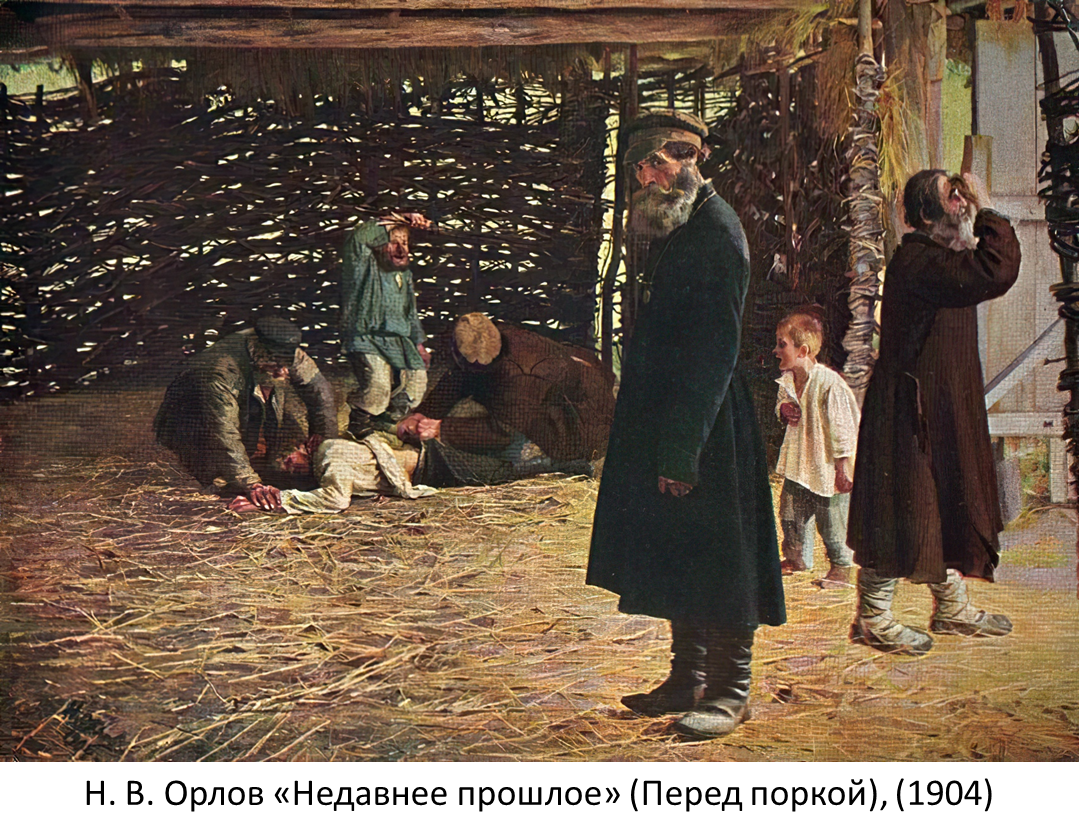 Орлов н.в. «Недавнее прошлое (перед поркой)», 1904 год.. Крепостные крестьяне в России.