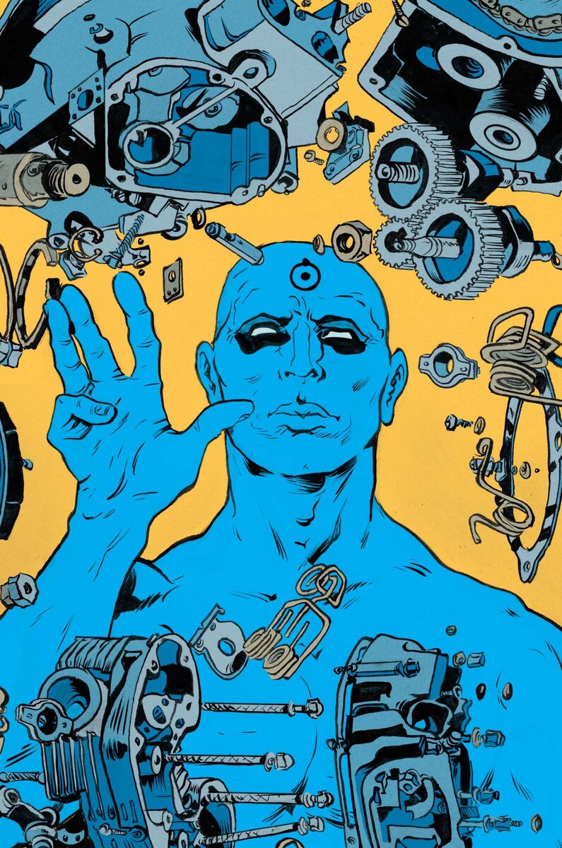 Фрагмент одной из обложек графического романа Дж. Майкла Стражински и Адама Хьюза «Хранители. Начало: Доктор Манхэттен»