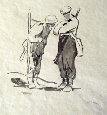 Сойфертис Леонид (Вениамин) Владимирович "Котёнка нашли" (1942, бумага, акварель). Из собрания Новокузнецкого художественного музея.