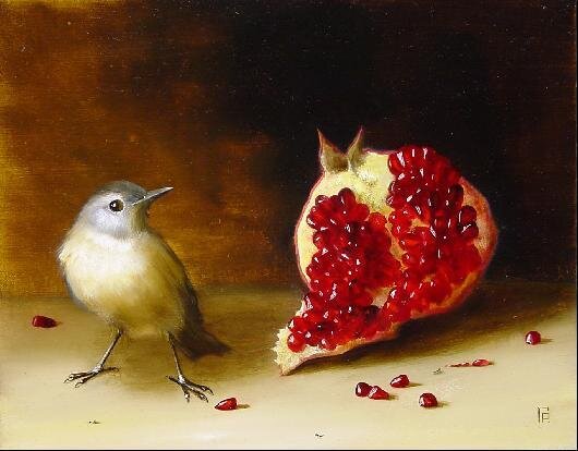 Каменка с гранатом. Художник Галина Решотка (Решетка. Не знаю правильного написания фамилии. В интернете встречаются оба варианта).  Плод граната имеет богатую символику. Считается, что именно гранат рос на древе познания. Также это символ Божественной любви и целостности, единства. Символ чистой любви между мужчиной и женщиной.